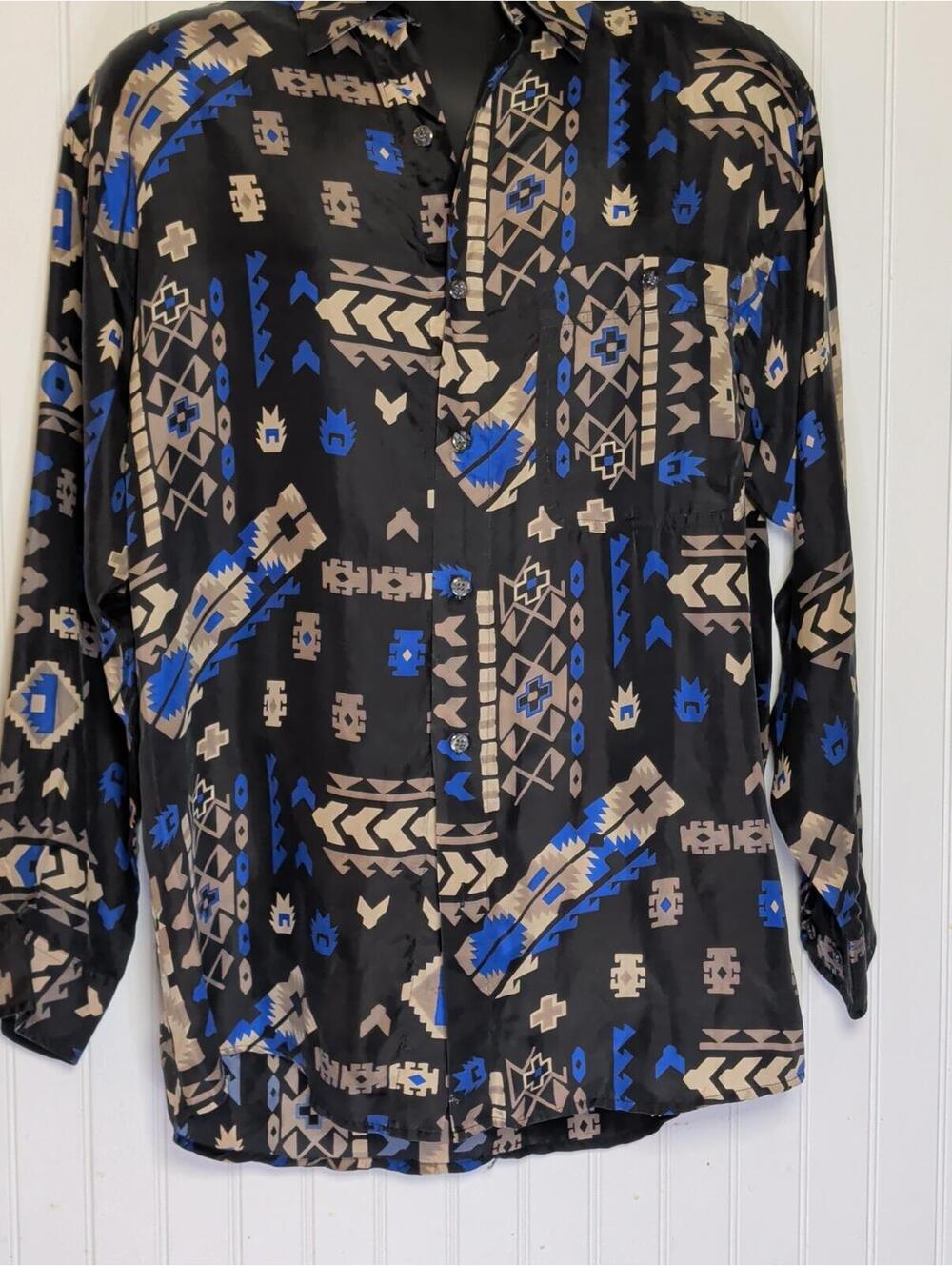 Summa Black Geometric Print Long Sleeve Button Front Shirt Mens S